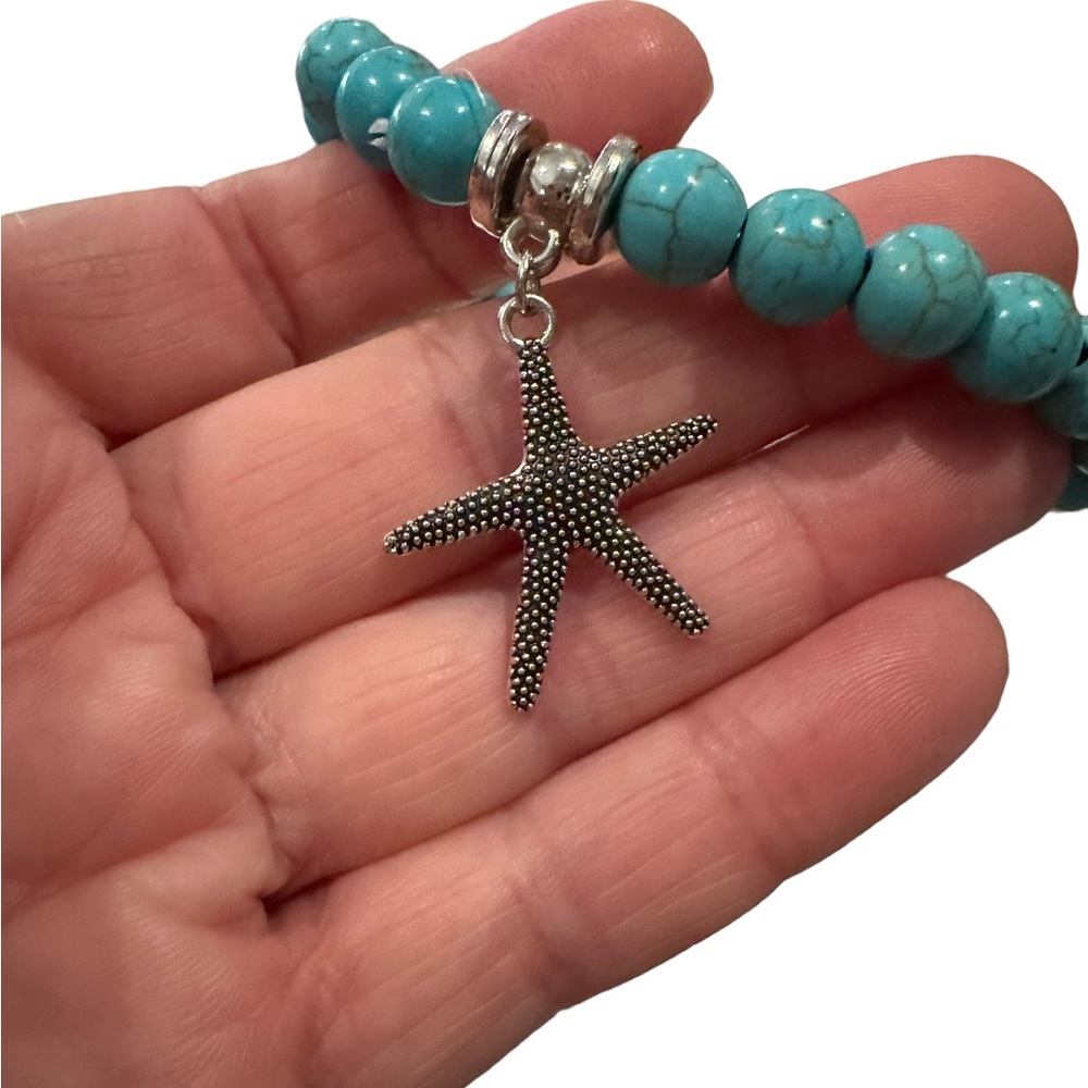 Turquoise Stretch Bracelet with Silver Starfish Charm